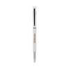 A white metal pen with a silver tip and a branding logo on the barrel.