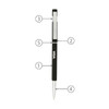 A metal slim pen in black with a silver clip, featuring a logo and numbered detailing.