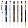 A selection of stylus hex pens in various colours including white, blue, green, grey, black, and gold, featuring different designs.