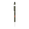 A stylus hex pen in olive green with a silver clip and a black rubber tip, featuring a logo.