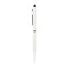 A white stylus hex pen with a silver clip and a black rubber tip, featuring a logo.