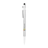 A silver stylus pen with a soft tip and a ballpoint end, featuring a logo.