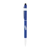 A blue stylus hex pen with a rounded tip and a clip, featuring a logo on the body.