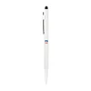 A white stylus hex pen with a silver clip and a black stylus tip, featuring a logo.
