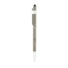 A grey stylus pen featuring a soft tip and silver accents, with a branding logo on its body.