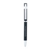 A sleek black metal pen with a shiny silver clip and a branding logo.