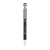 A metal pen in black with a red accent, featuring a silver tip and clip, including a logo.