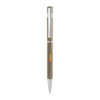 A slim metal pen in a natural brown finish, featuring a logo and a shiny silver tip.