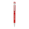 A red metal pen with a silver clip and a logo, designed for promotional use.
