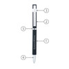 Slim Hex Pen in black with silver accents, featuring a logo and numbered parts for customisation.
