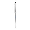 A silver metal ballpoint pen with a twist mechanism and a stylus tip. It features a clip and has a logo.