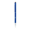 A blue metal ball pen with a twist mechanism and a stylus tip, featuring a clip and branding.