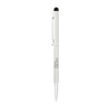 A thin, white metal ballpoint pen with a black stylus tip and a clip, featuring a branding logo.