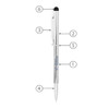 A metal ballpoint pen with a twist mechanism, featuring a silver body and a stylus tip. It includes a clip and has branding.