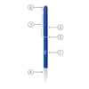 A blue metal ballpoint pen with a stylus tip, clip, and twist mechanism. Features a logo on the barrel.