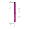 A thin, purple metal ballpoint pen with a clip and stylus tip, featuring a logo.