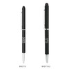 A black metal ballpoint pen with a twist mechanism and a stylus tip, featuring two styles and a logo.