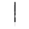 A sleek black metal ballpoint pen with a twist mechanism and a stylus tip, featuring a logo on the barrel.