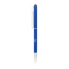 A blue metal ballpoint pen with a twist mechanism and a stylus tip, featuring a clip and branding.
