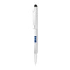 A sleek silver metal ball pen with a twist mechanism and a black stylus tip. It features a clip and a logo.