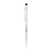 A slim, white metal ballpoint pen with a twist mechanism and a black stylus tip. Features a clip and a logo.