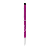 A thin twist metal ball pen in vibrant pink, featuring a stylus tip and a clip, with a logo on the barrel.