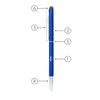 A blue metal ball pen with a twist mechanism and a stylus tip. Features a clip and a logo.
