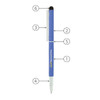 A blue metal ballpoint pen with a stylus tip, featuring a clip and a logo.
