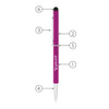 A thin twist metal ball pen in vibrant pink with a black stylus tip and a clip, featuring a logo on the barrel.