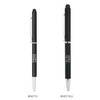 A black metal ball pen with a slim design and a stylus tip, featuring a logo on the side.