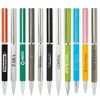 A collection of metal pens in various colours, some with branding and a shiny silver finish on the tips.