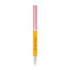 A metal ballpoint pen with a pink upper section and a yellow lower section, featuring a logo.