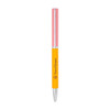 A metal ball pen featuring a pink top, yellow barrel, and a silver tip, with branding present on the body.