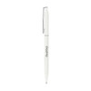 A metal ball pen in white with a silver clip and branding.