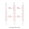 A metal ballpoint pen with a slim design, featuring a clip and areas for custom branding. Available in multiple colours.
