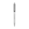 A sleek silver metal ball pen with a clear barrel and a logo on the side. Ideal for writing.