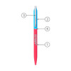 A pink and blue metal ball pen with a clip and a logo, featuring a sleek design for writing.