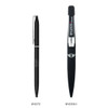 A sleek black metal ballpoint pen with a shiny finish, featuring a clip and a branded logo.