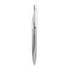 A silver metal ballpoint pen with a sleek design and a clip. It has branding on the side.