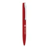 A red metal ballpoint pen with a silver clip and branding on the barrel.