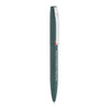 A dark green metal ballpoint pen with a silver clip and a small red accent. It features a branding logo.