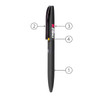 A black metal ball pen featuring a clip and a logo, designed for writing.