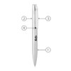A silver metal ballpoint pen with a sleek design, featuring a clip and a logo.