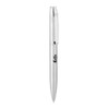 A silver metal ballpoint pen with a twist mechanism and a clip, featuring a logo.