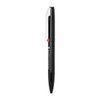 A black metal ball pen with a twist mechanism and a clip, featuring a small red accent and a logo.