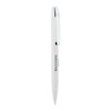 A white metal ballpoint pen with a sleek design and a clip, featuring a branding logo.