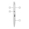 A silver metal ballpoint pen with a sleek design and a branding logo on the barrel.