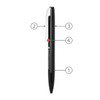 A black metal ballpoint pen with a clip and a bold design features a branding logo.