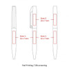 A metal ballpoint pen featuring a claw and twist mechanism, displayed in three views with specified printing zones.