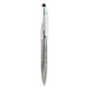 A sleek metal ballpoint pen with a shiny silver body and a black stylus tip. It features a clip and branding.